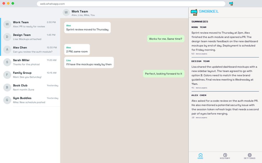 Snorkel Chrome extension summarizing WhatsApp group chats in a side panel — showing batch summaries for Work Team, Design Team, and Alex Chen conversations